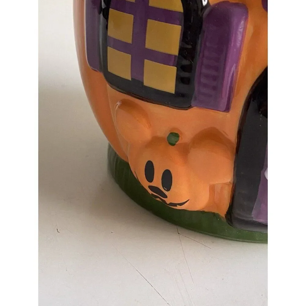 Disney Mickey Mouse Halloween Pumpkin Haunted‎ House Ceramic Cookie Jar NEW